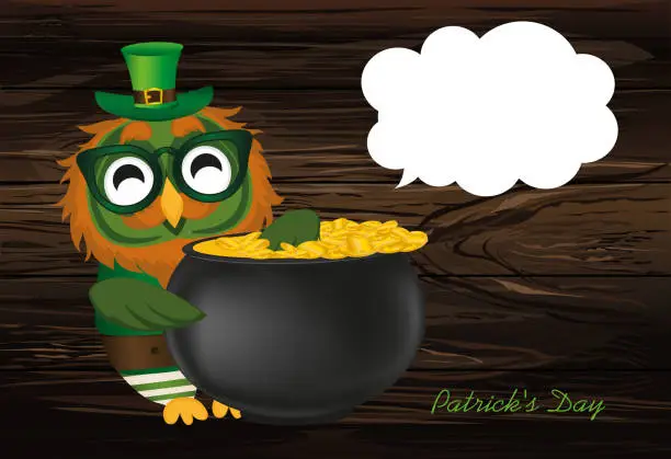 Vector illustration of A happy owl with a pot of gold coins in a national costume and glasses for St. Patrick's Day. The wing climbed into the cauldron. Greeting card for the holiday with a blank space for text or advertising. Invitation. Vector
