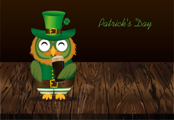 ilustrações de stock, clip art, desenhos animados e ícones de happy owl drink dark beer in a glass in national costume at patrick's day holding hands. greeting card with owlet. free space for your ad or text. vector illustration on wooden  background. - owl clover