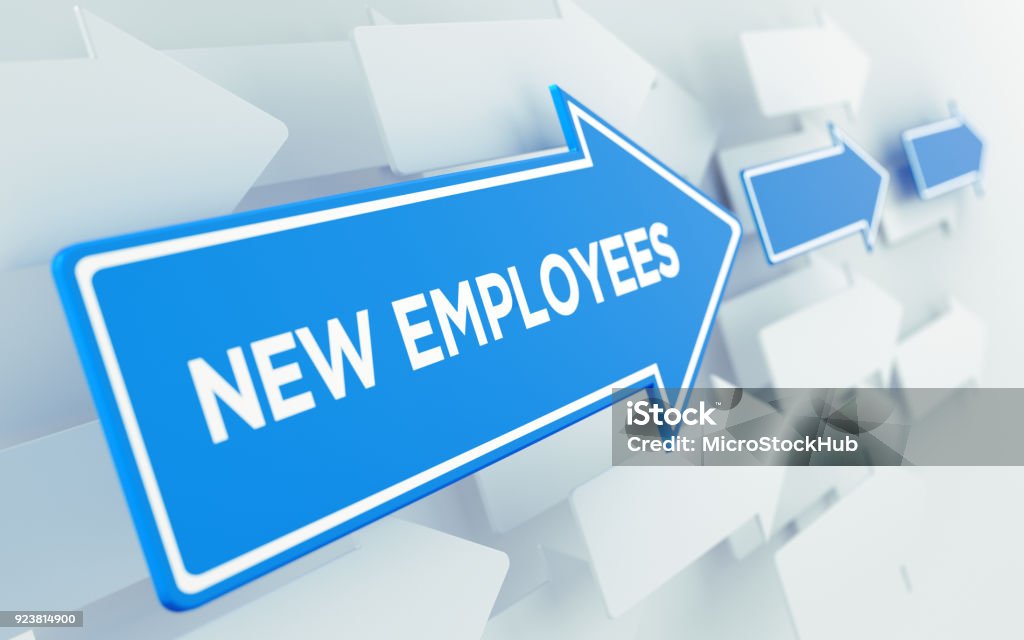 New Employees Text On Blue Directional Sign Blue arrow shaped directional sign over white arrows. New employees writes on the directional sign. Human resources and recruitment concept. Horizontal composition with copy space. Employee Stock Photo