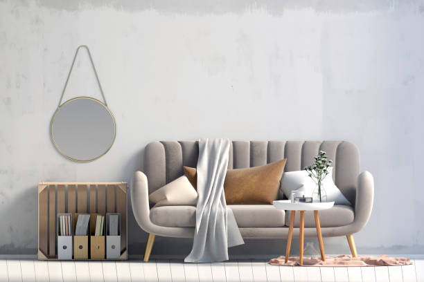 istock Modern interior with coffee table and sofa. Wall mock up. 3d illustration. 923818404