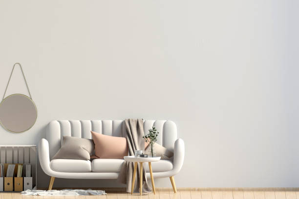 istock Modern interior with coffee table and sofa. Wall mock up. 3d illustration. 923818424