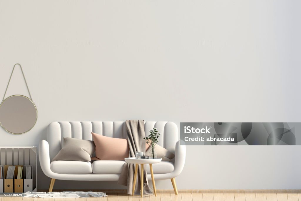 Modern interior with coffee table and sofa. Wall mock up. 3d illustration. Living Room Stock Photo