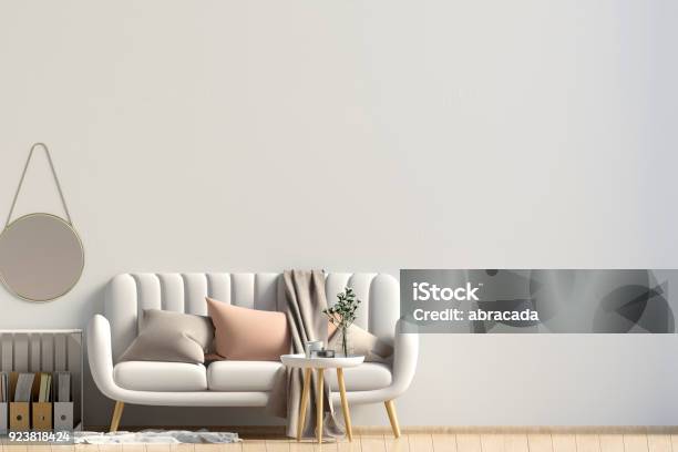 Modern Interior With Coffee Table And Sofa Wall Mock Up 3d Illustration Stock Photo - Download Image Now