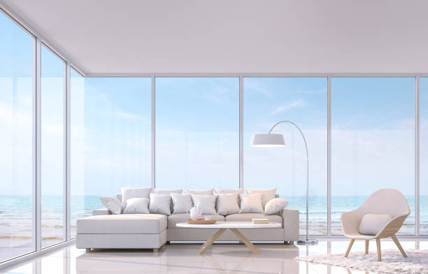 istock Modern white living room with sea view 3d rendering image 923821180