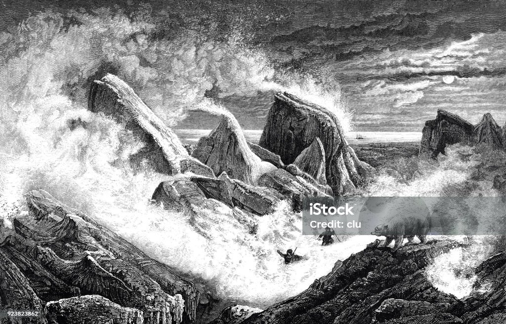 Snowstorm in the pack ice Illustration from 19th century 1875 stock illustration