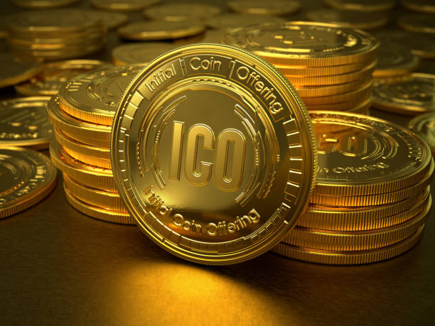 Initial Coin Offering 3d gold coins with text ICO and Initial Coin Offering token photos stock pictures, royalty-free photos & images