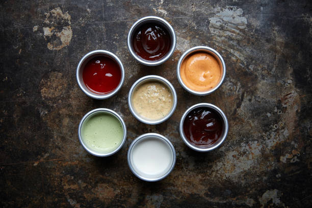 various dip sauces - sauces dip ketchup mayonnaise imagens e fotografias de stock