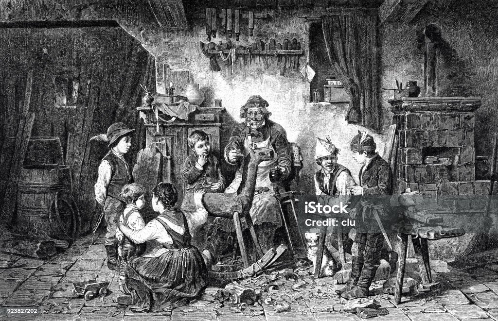 Family prepares the utensils for next Christmas Illustration from 19th century 1875 stock illustration