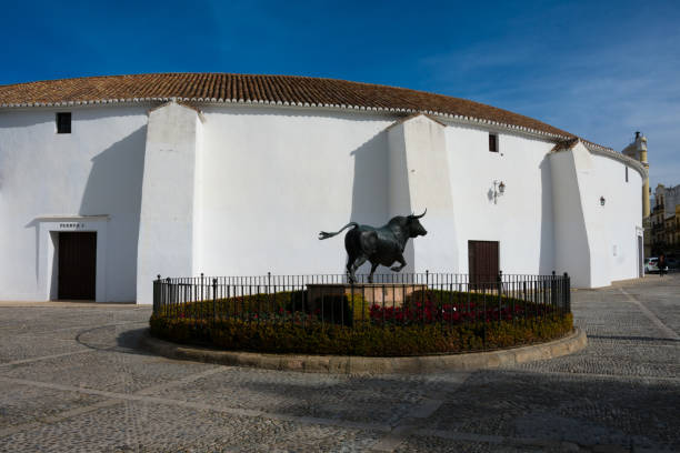 Ronda, Spain. January 19, 2018.  Bull statue in front of the bullring arena (Plaza de Toros)