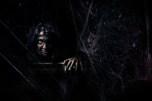 Evil behind the spider web in dark background. horror concept.