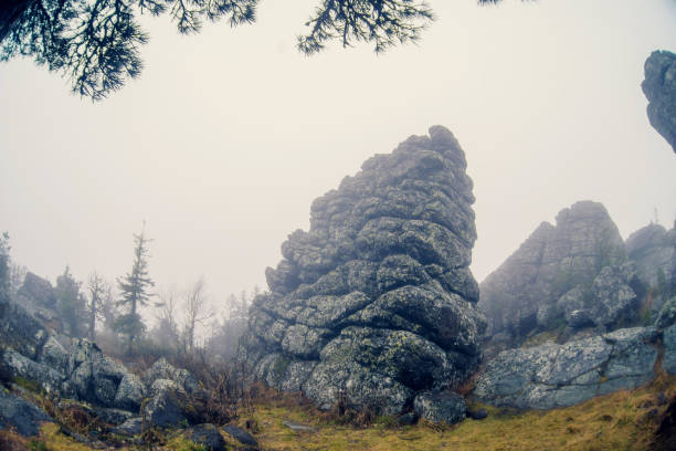 istock Dark mountain landscape with big mysterious rocks covered by fog 923839096