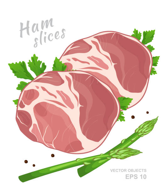 illustrations, cliparts, dessins animés et icônes de tranches de jambon avec du persil frais, asperges vertes et poivre noir isolé sur fond blanc. produit de charcuterie de viande. gastronomique illustration vectorielle - delicatessen meat sandwich ham