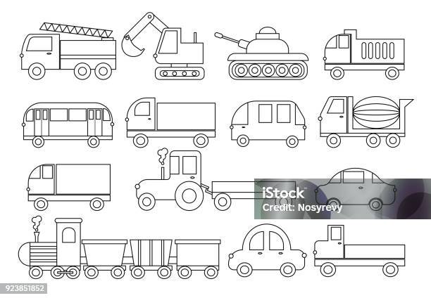 Coloring Book Set Of Transport Car Bus Train Fire Truck Concrete Mixer Dump Truck Truck Train Tractor Excavator And Etc Vector Illustration Stock Illustration - Download Image Now