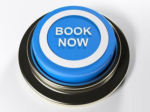 A blue push button with a white circle and the write Book Now on its top; background is white - 3D rendering illustration