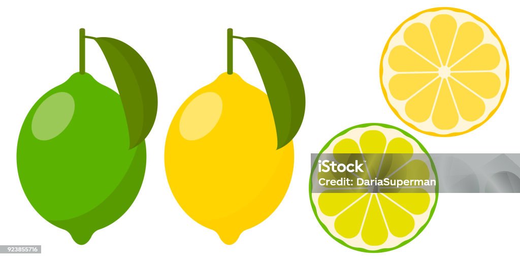 Icon lemon and lime, vector. icon set lemon and lime, vector illustration on white background. whole fruit and cut into pieces. citrus. Lemon - Fruit stock vector