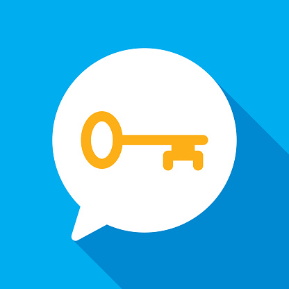 Vector illustration of a speech bubble with a key against a blue background in flat style.