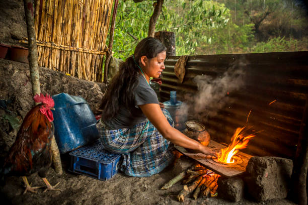 若い女性は彼女の家の前に火で調理。 - グアテマラ 写真 ストックフォトと画像