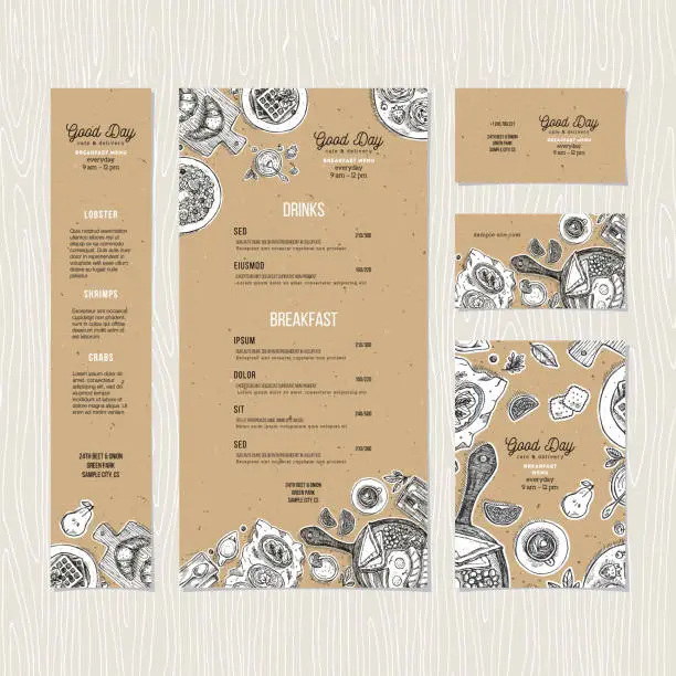 Vector illustration of Cafe breakfast menu cardboard template. Cafe identity. Vector illustration