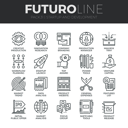 Modern thin line icons set of startup business and launch new product on market. Premium quality outline symbol collection. Simple mono linear pictogram pack. Stroke vector symbol concept for web graphics.