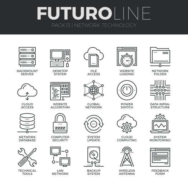 ilustrações de stock, clip art, desenhos animados e ícones de network technology futuro line icons set - exchanging connection symbol computer icon