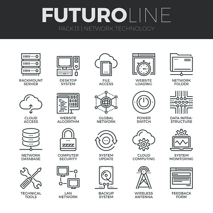 Modern thin line icons set of  cloud computing network, internet data technology. Premium quality outline symbol collection. Simple mono linear pictogram pack. Stroke vector symbol concept for web graphics.