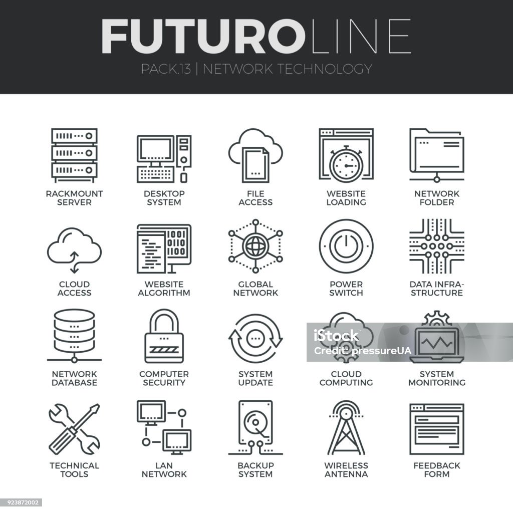 Network Technology Futuro Line Icons Set Modern thin line icons set of  cloud computing network, internet data technology. Premium quality outline symbol collection. Simple mono linear pictogram pack. Stroke vector symbol concept for web graphics. Icon Symbol stock vector