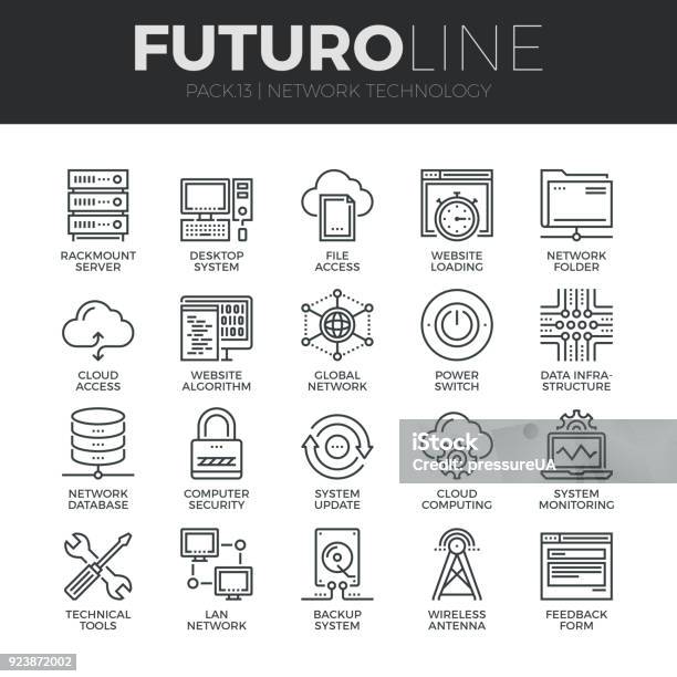 Network Technology Futuro Line Icons Set Stock Illustration - Download Image Now - Icon Symbol, Network Server, Line Art