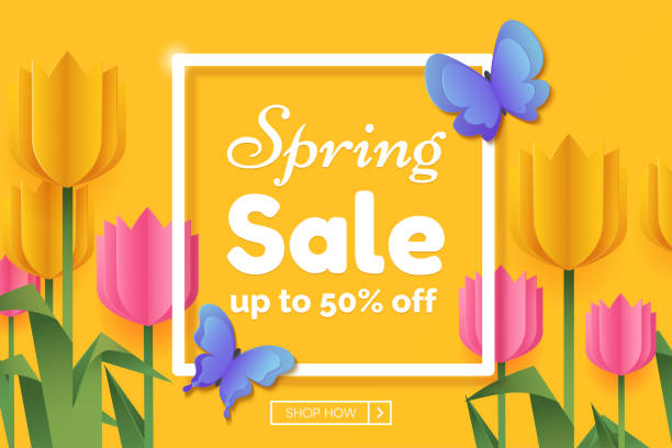 Spring sale promo banner with paper flowers and butterflies. Spring colorful background with frame and copy space. Origami yellow and pink tulips. Vector illustration. Spring sale promo banner with paper flowers and butterflies. Spring colorful background with frame and copy space. Origami yellow and pink tulips. Vector illustration. bouquet backgrounds spring tulip stock illustrations