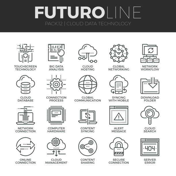 ilustraciones, imágenes clip art, dibujos animados e iconos de stock de conjunto de iconos de nube datos tecnología futuro línea - exchanging connection symbol computer icon
