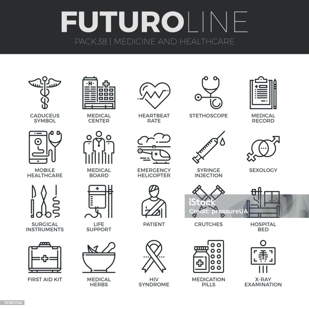 Medicine and Healthcare Futuro Line Icons Set Modern thin line icons set of healthcare professionals and medical equipment. Premium quality outline symbol collection. Simple mono linear pictogram pack. Stroke vector symbol concept for web graphics. Healthcare And Medicine stock vector
