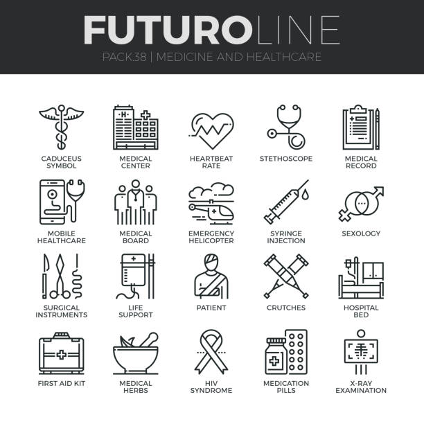 Medicine and Healthcare Futuro Line Icons Set Modern thin line icons set of healthcare professionals and medical equipment. Premium quality outline symbol collection. Simple mono linear pictogram pack. Stroke vector symbol concept for web graphics. patient symbols stock illustrations