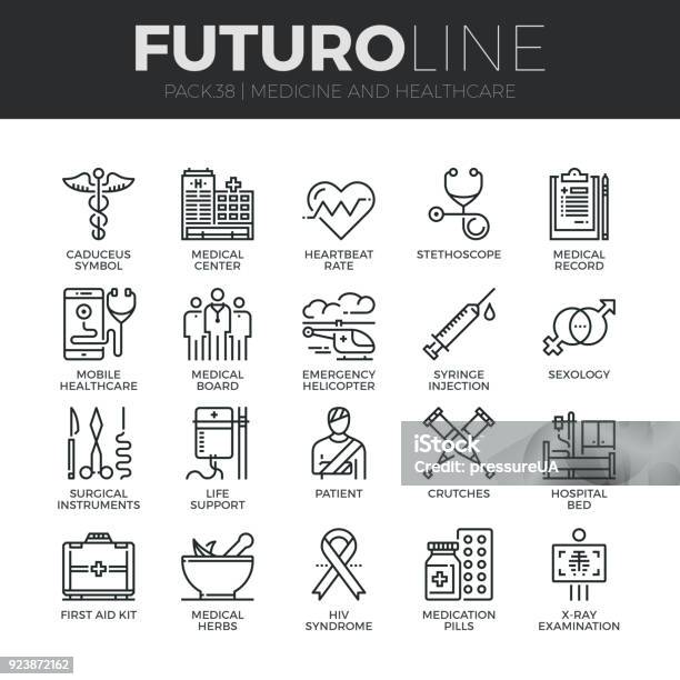 Medicine And Healthcare Futuro Line Icons Set Stock Illustration - Download Image Now - Healthcare And Medicine, Outline, Line Art