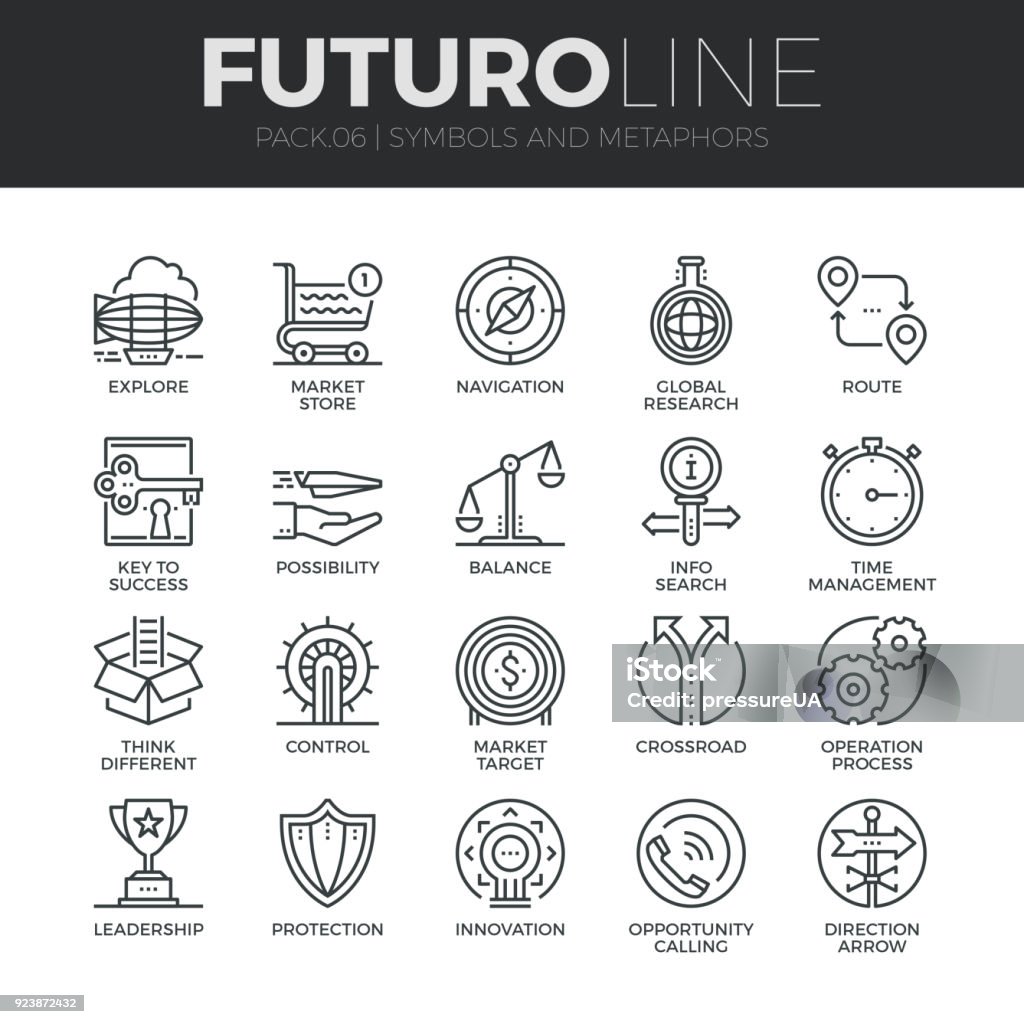 Symbols and Metaphors Futuro Line Icons Set Modern thin line icons set of various business symbols and metaphor elements. Premium quality outline symbol collection. Simple mono linear pictogram pack. Stroke vector symbol concept for web graphics. Line Art stock vector