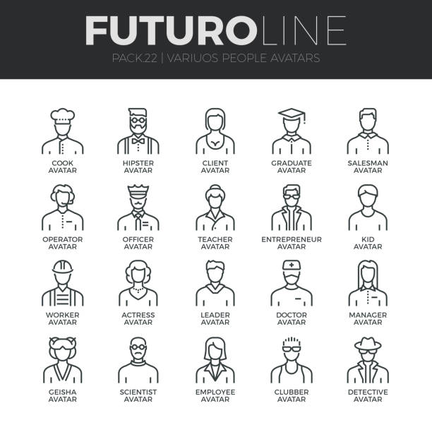 People Avatars Futuro Line Icons Set Modern thin line icons set of people avatars, various human characters staff. Premium quality outline symbol collection. Simple mono linear pictogram pack. Stroke vector symbol concept for web graphics. chef symbols stock illustrations
