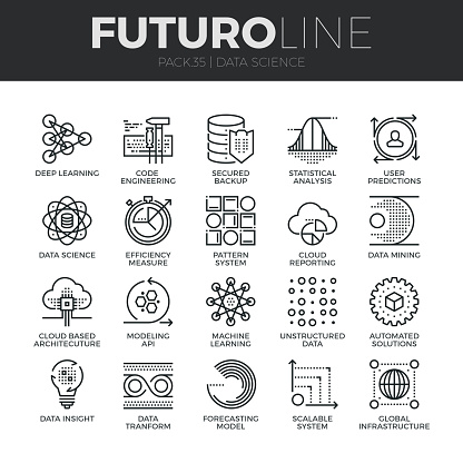 Modern thin line icons set of data science technology and machine learning process. Premium quality outline symbol collection. Simple mono linear pictogram pack. Stroke vector symbol concept for web graphics.