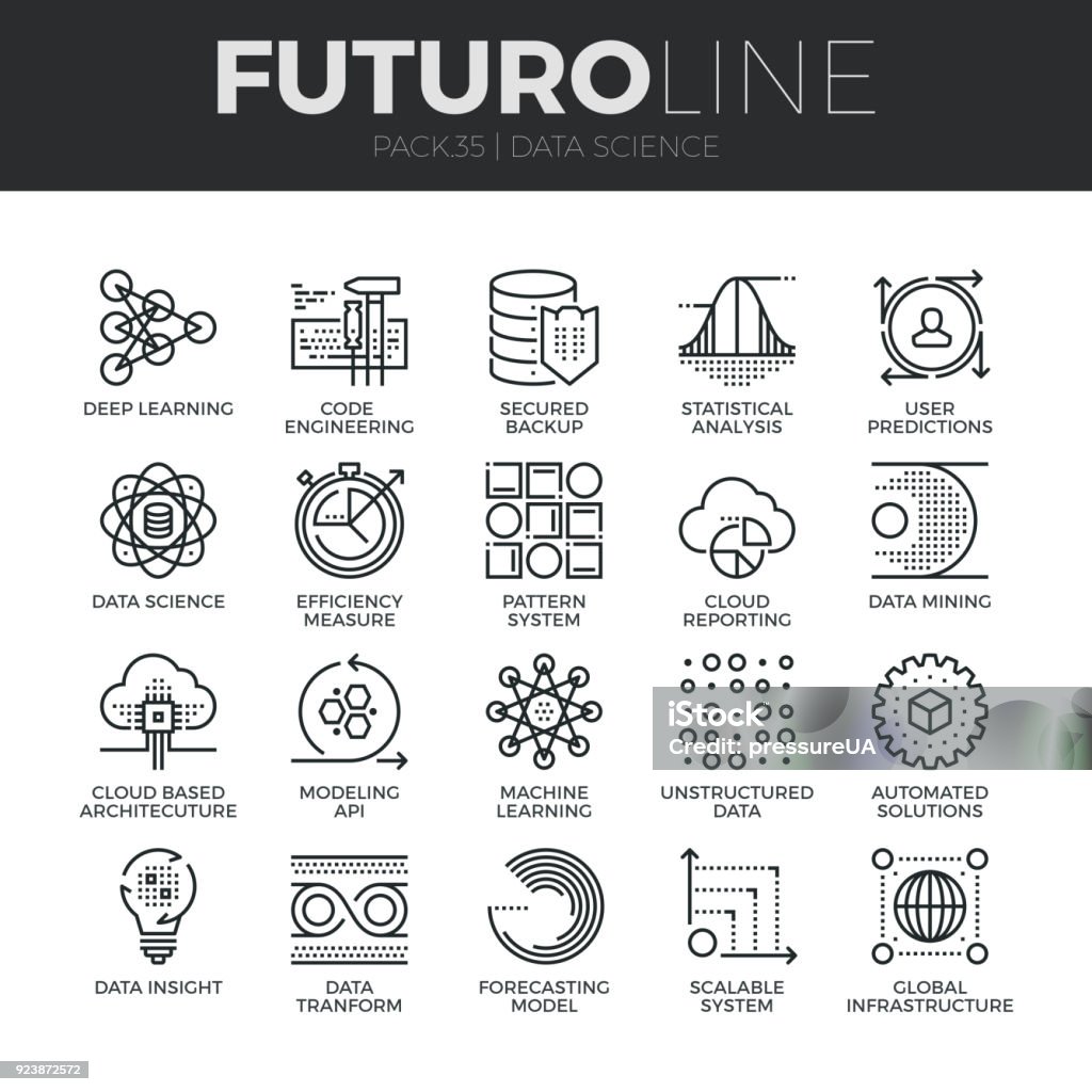 Data Science Futuro Line Icons Set Modern thin line icons set of data science technology and machine learning process. Premium quality outline symbol collection. Simple mono linear pictogram pack. Stroke vector symbol concept for web graphics. Icon Symbol stock vector