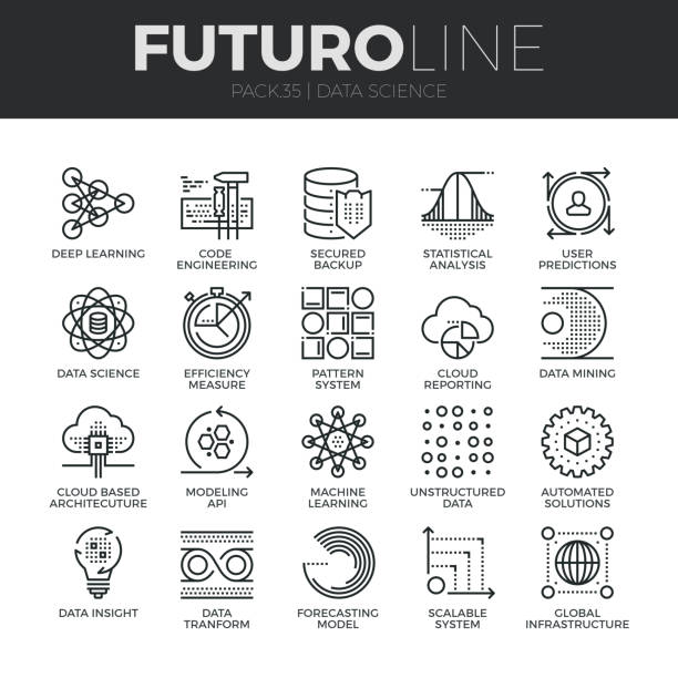 Data Science Futuro Line Icons Set Modern thin line icons set of data science technology and machine learning process. Premium quality outline symbol collection. Simple mono linear pictogram pack. Stroke vector symbol concept for web graphics. computer network hardware stock illustrations