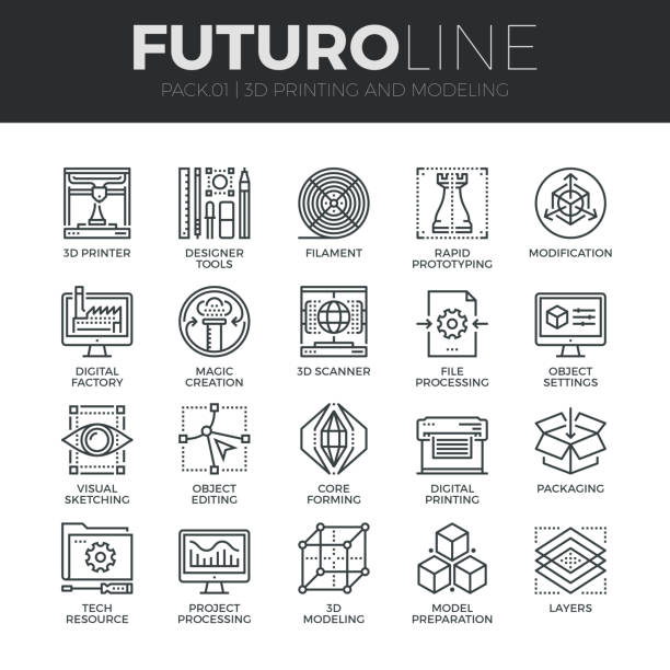 3d 인쇄 futuro 라인 아이콘 설정 - technology engineering gear drawing stock illustrations