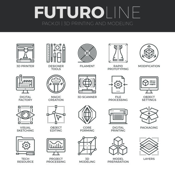 zestaw ikon linii futuro do drukowania 3d - three dimensional three dimensional shape printing out technology stock illustrations
