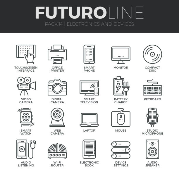 ilustrações de stock, clip art, desenhos animados e ícones de electronics and devices futuro line icons set - computer keyboard audio