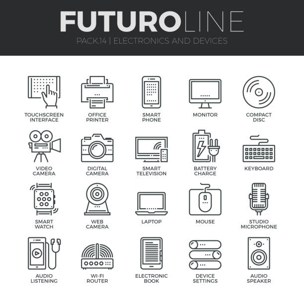 электроника и устройства futuro линия иконки установить - home video camera camera multimedia computer stock illustrations