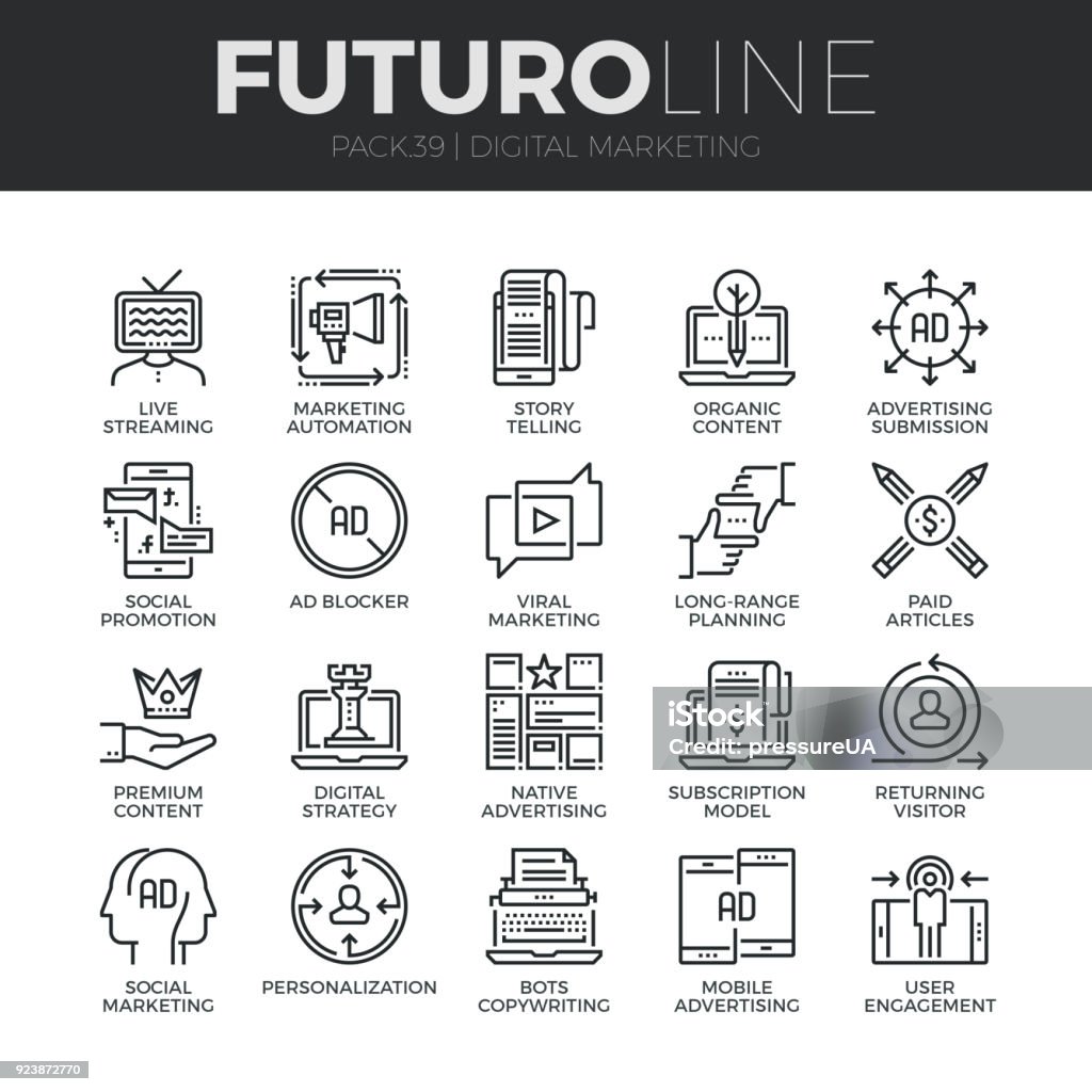 Digital Marketing Futuro Line Icons Set Modern thin line icons set of digital marketing, live streaming and advertising. Premium quality outline symbol collection. Simple mono linear pictogram pack. Stroke vector symbol concept for web graphics. Icon Symbol stock vector