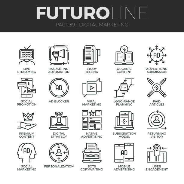 Digital Marketing Futuro Line Icons Set Modern thin line icons set of digital marketing, live streaming and advertising. Premium quality outline symbol collection. Simple mono linear pictogram pack. Stroke vector symbol concept for web graphics. computer icon articles newspaper the media stock illustrations