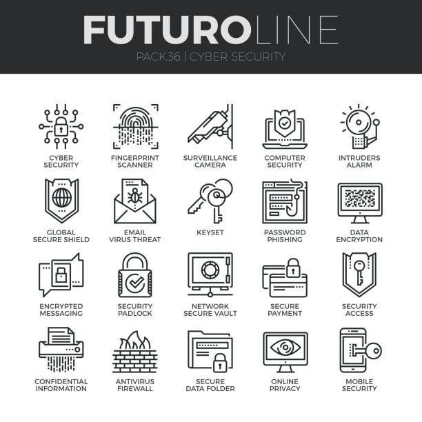 Cyber Security Futuro Line Icons Set Modern thin line icons set of cyber security, computer network protection. Premium quality outline symbol collection. Simple mono linear pictogram pack. Stroke vector symbol concept for web graphics. cyber security awareness stock illustrations