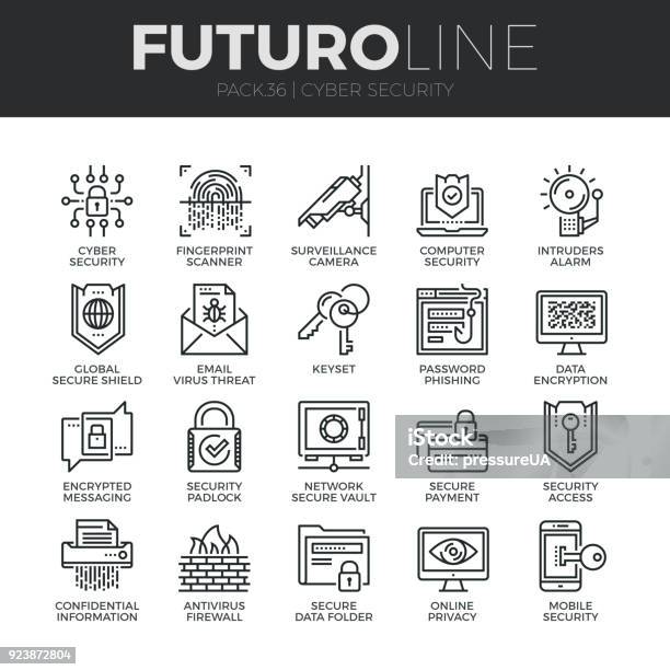 Cyber Security Futuro Line Icons Set Stock Illustration - Download Image Now - Line Art, Network Security, Outline