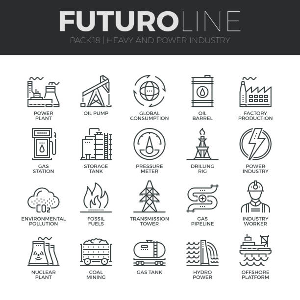 ilustrações de stock, clip art, desenhos animados e ícones de heavy and power industry futuro line icons set - nuclear weapons