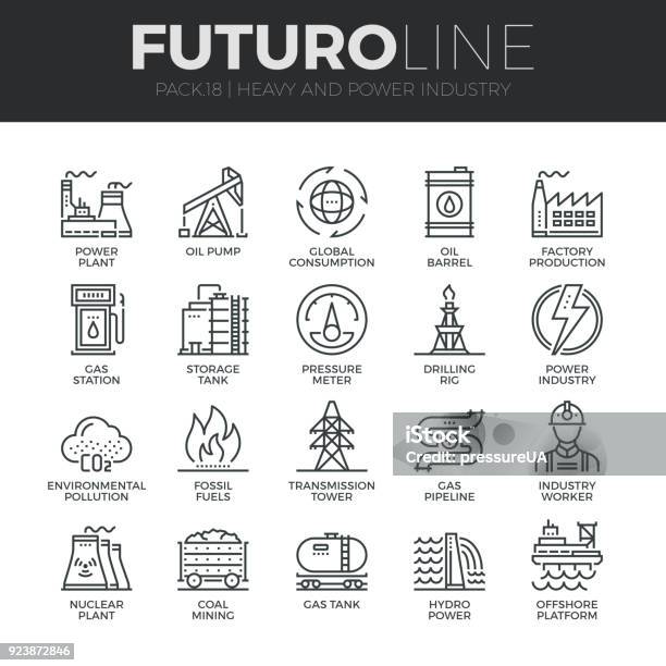 Heavy And Power Industry Futuro Line Icons Set Stock Illustration - Download Image Now - Mining - Natural Resources, Fuel and Power Generation, Coal