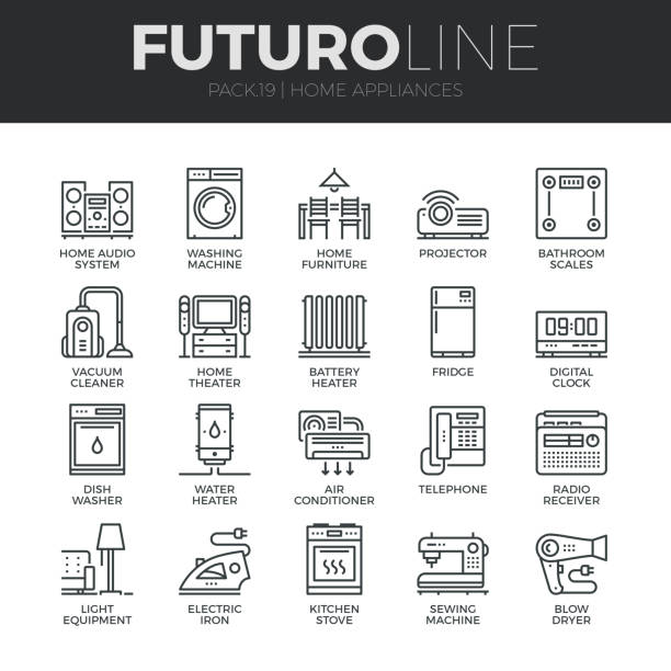 illustrations, cliparts, dessins animés et icônes de appareils ménagers futuro ligne icons set - four objects audio