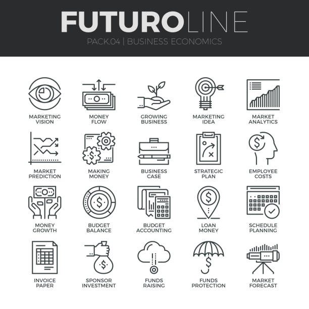 Business Economics Futuro Line Icons Set Modern thin line icons set of business economic development, financial growth. Premium quality outline symbol collection. Simple mono linear pictogram pack. Stroke vector symbol concept for web graphics. budget drawings stock illustrations