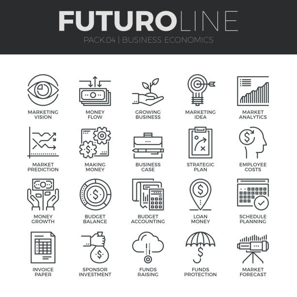 Business Economics Futuro Line Icons Set Modern thin line icons set of business economic development, financial growth. Premium quality outline symbol collection. Simple mono linear pictogram pack. Stroke vector symbol concept for web graphics. accounting drawings stock illustrations